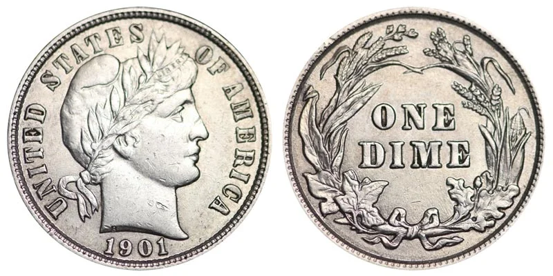1901 Barber dime obverse and reverse showing Liberty head design and wreath