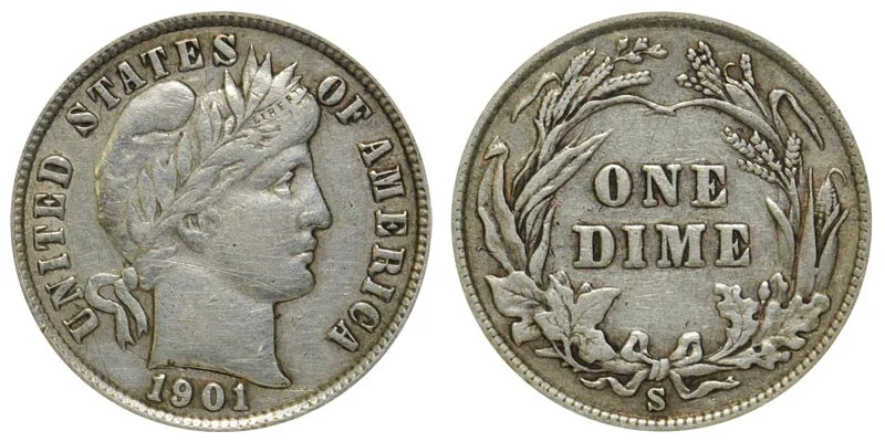 Side-by-side comparison of 1901 dime reverse (no mint mark, Philadelphia) versus 1901-S reverse showing the S mint mark below the wreath bow