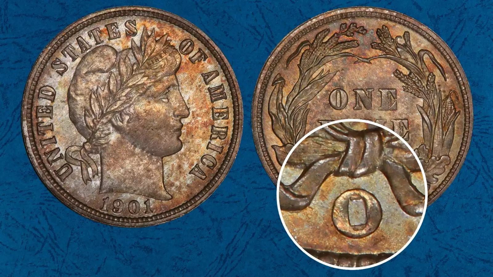 Close-up of 1901-O Barber dime reverse showing the O/Horizontal O repunched mintmark FS-501 variety under magnification