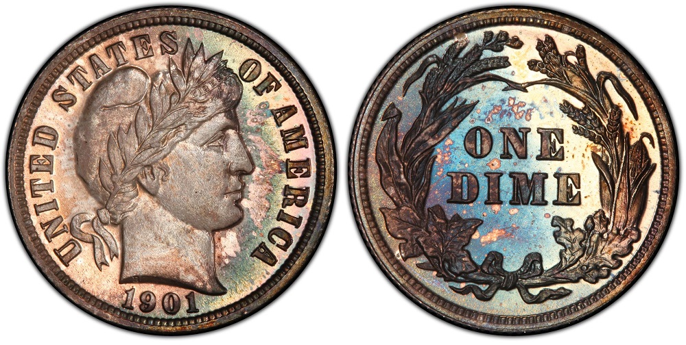 Grading strip showing four 1901 Barber dimes from heavily worn Good grade (left) to full Mint State with original luster (right)
